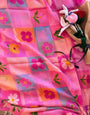 Blush Pink Chinnon Saree with Multicolour Floral Check Print & Attached Blouse Piece
