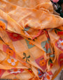 Peach Orange Chinnon Saree with Multicolour Floral Check Print & Attached Blouse Piece