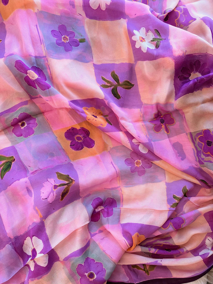 Lavender Pink Chinnon Saree with Artistic Floral Check Print & Attached Blouse Piece