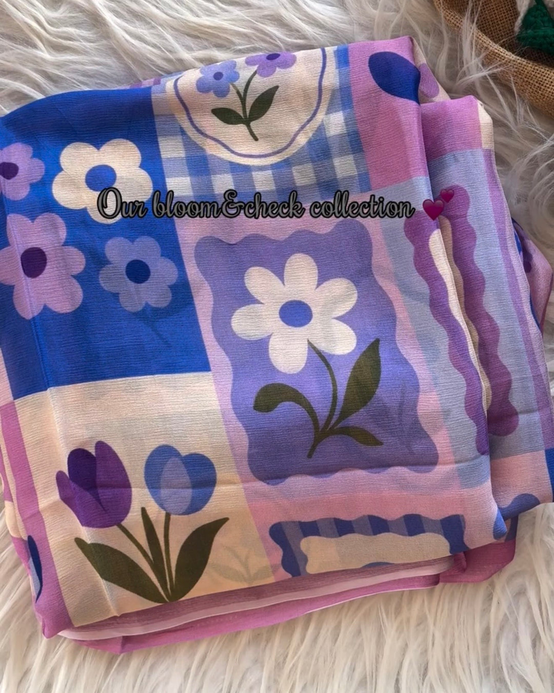 Lilac Blue Chinnon Saree with Retro Floral Patchwork & Check Print and Attached Blouse Piece