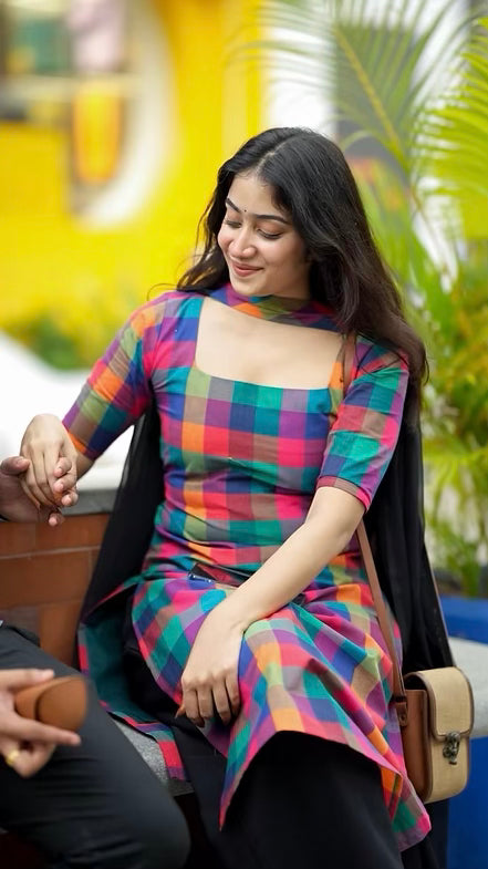 Madras 120 Count Cotton Multicolour Check Kurta Set with Black Palazzo & Dupatta for Women