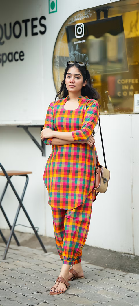 Madras 120 Count Cotton Multicolour Check Kurta & Pant Co-ord Set for Women