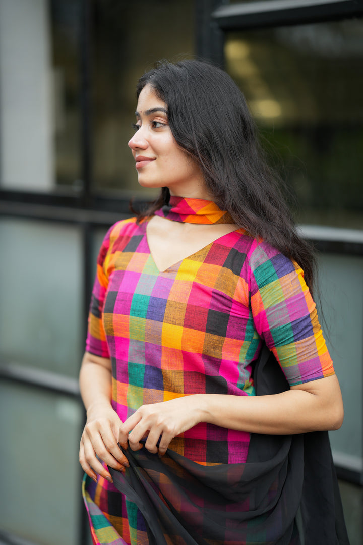 Madras 120 Count Cotton Multicolour Check Kurta Set with Black Palazzo & Dupatta for Women