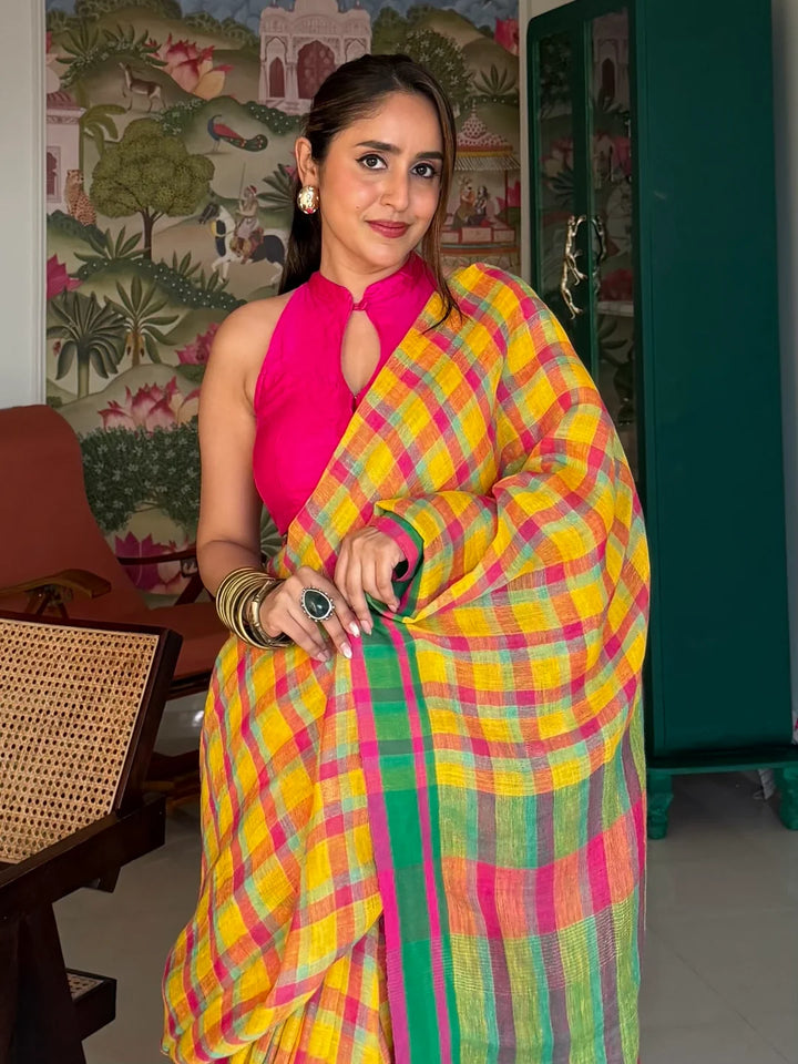 Sunshine Yellow Multicolour Madras Checks Mul Cotton Saree with Contrast Green Pallu, Tassels & Blouse Piece