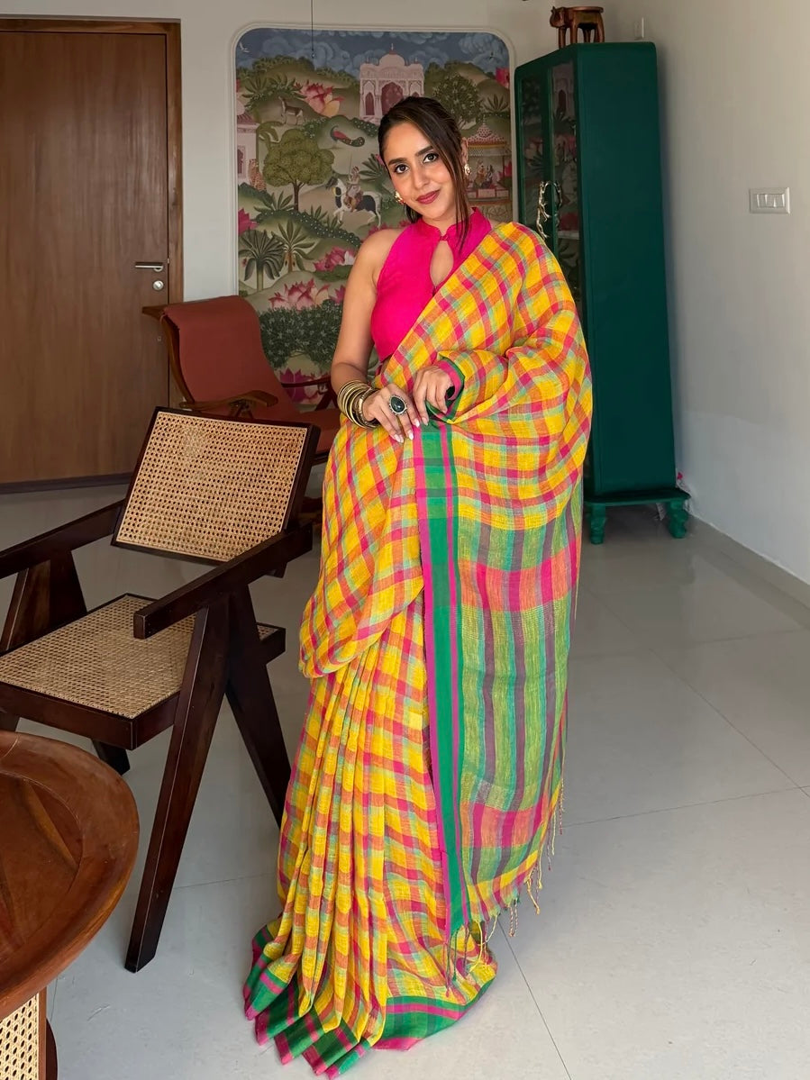 Sunshine Yellow Multicolour Madras Checks Mul Cotton Saree with Contrast Green Pallu, Tassels & Blouse Piece
