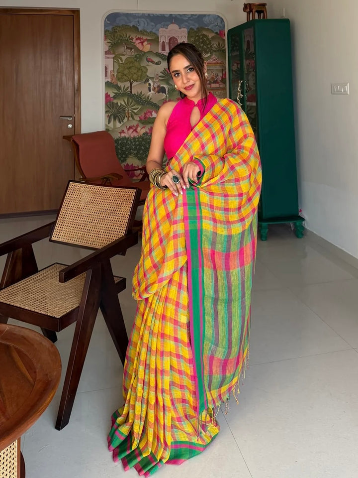 Sunshine Yellow Multicolour Madras Checks Mul Cotton Saree with Contrast Green Pallu, Tassels & Blouse Piece