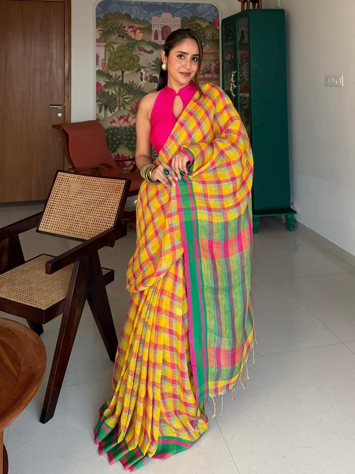 Sunshine Yellow Multicolour Madras Checks Mul Cotton Saree with Contrast Green Pallu, Tassels & Blouse Piece