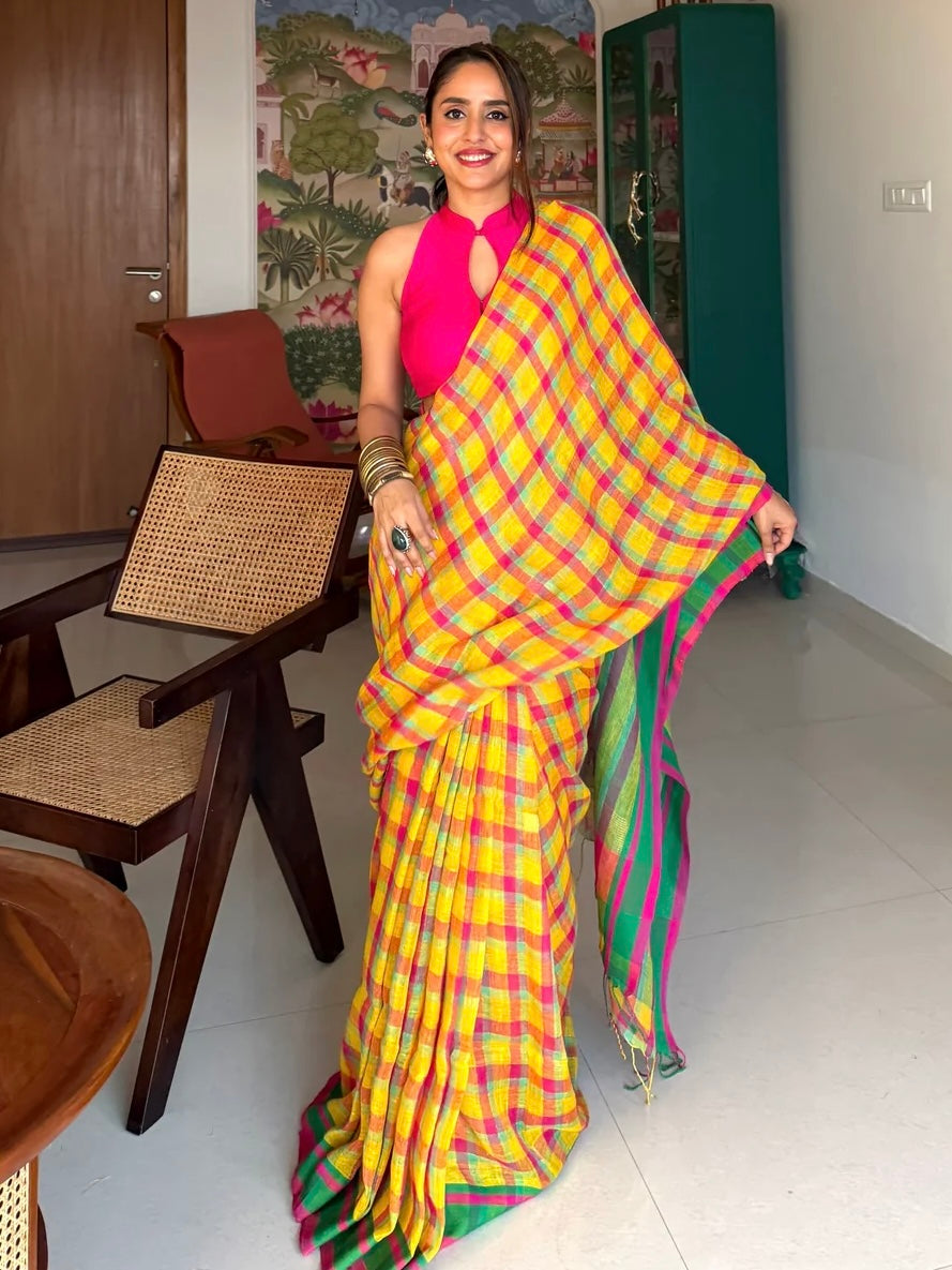 Sunshine Yellow Multicolour Madras Checks Mul Cotton Saree with Contrast Green Pallu, Tassels & Blouse Piece