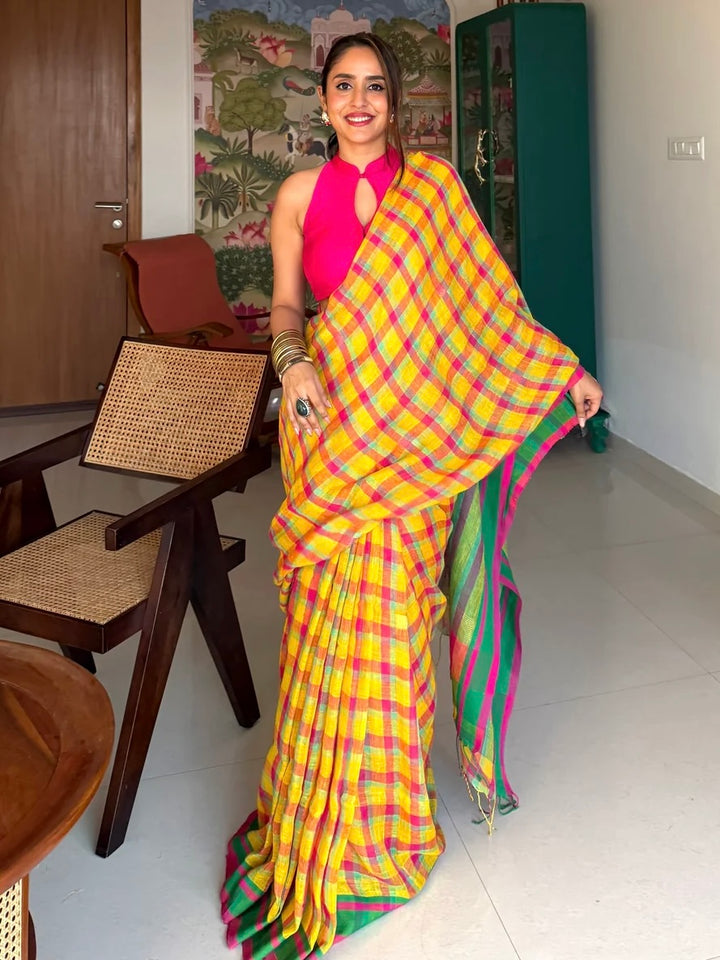 Sunshine Yellow Multicolour Madras Checks Mul Cotton Saree with Contrast Green Pallu, Tassels & Blouse Piece