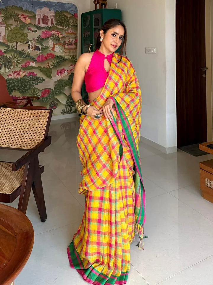 Sunshine Yellow Multicolour Madras Checks Mul Cotton Saree with Contrast Green Pallu, Tassels & Blouse Piece