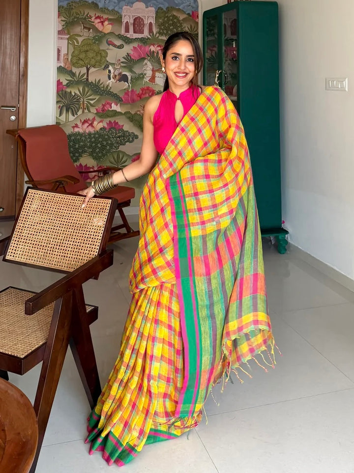 Sunshine Yellow Multicolour Madras Checks Mul Cotton Saree with Contrast Green Pallu, Tassels & Blouse Piece