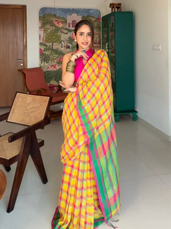 Sunshine Yellow Multicolour Madras Checks Mul Cotton Saree with Contrast Green Pallu, Tassels & Blouse Piece