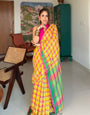 Sunshine Yellow Multicolour Madras Checks Mul Cotton Saree with Contrast Green Pallu, Tassels & Blouse Piece