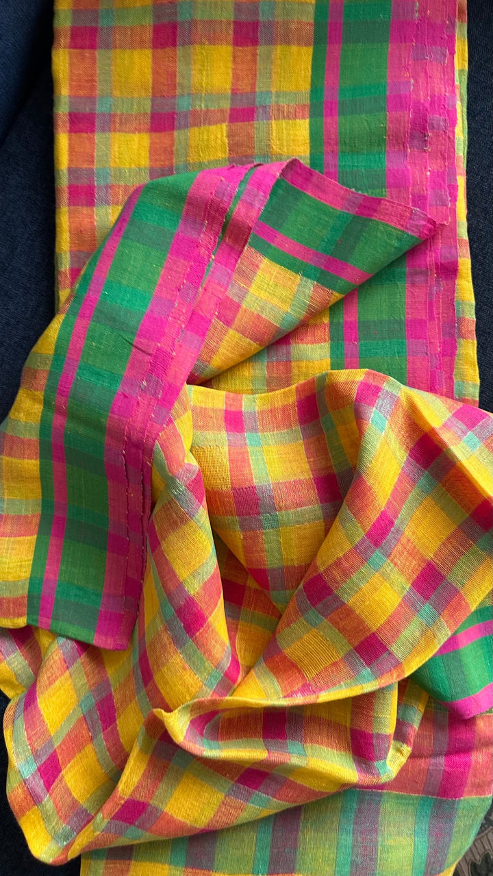 Sunshine Yellow Multicolour Madras Checks Mul Cotton Saree with Contrast Green Pallu, Tassels & Blouse Piece