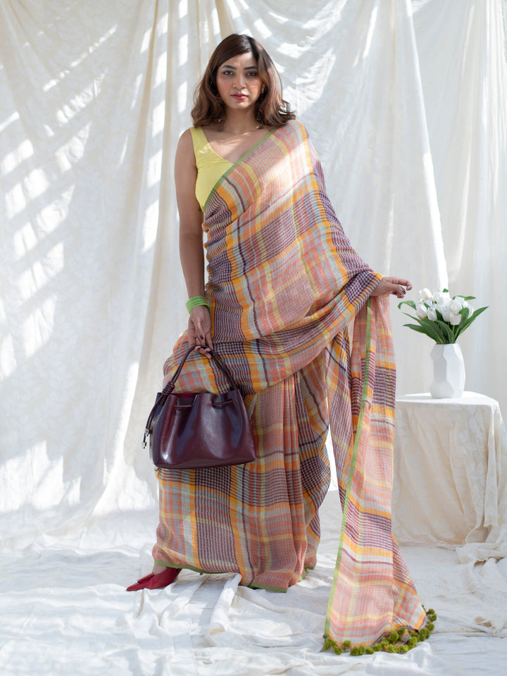 Pastel Madras Checks Mul Cotton Saree with Contrast Border, Tassels & Attached Blouse Piece