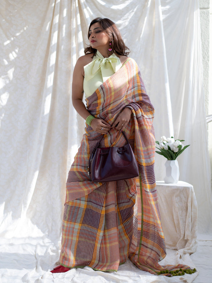 Pastel Madras Checks Mul Cotton Saree with Contrast Border, Tassels & Attached Blouse Piece