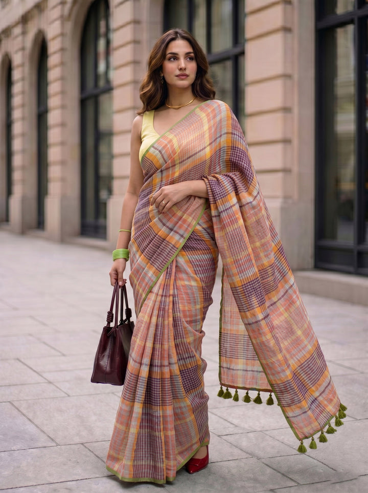 Pastel Madras Checks Mul Cotton Saree with Contrast Border, Tassels & Attached Blouse Piece