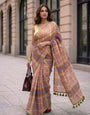Pastel Madras Checks Mul Cotton Saree with Contrast Border, Tassels & Attached Blouse Piece