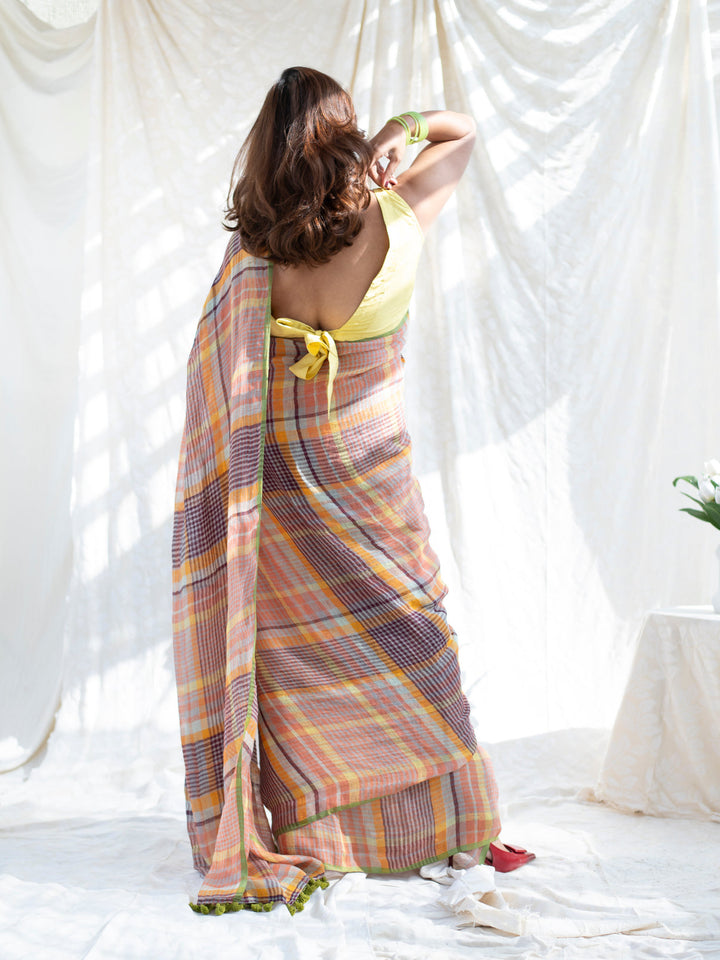 Pastel Madras Checks Mul Cotton Saree with Contrast Border, Tassels & Attached Blouse Piece