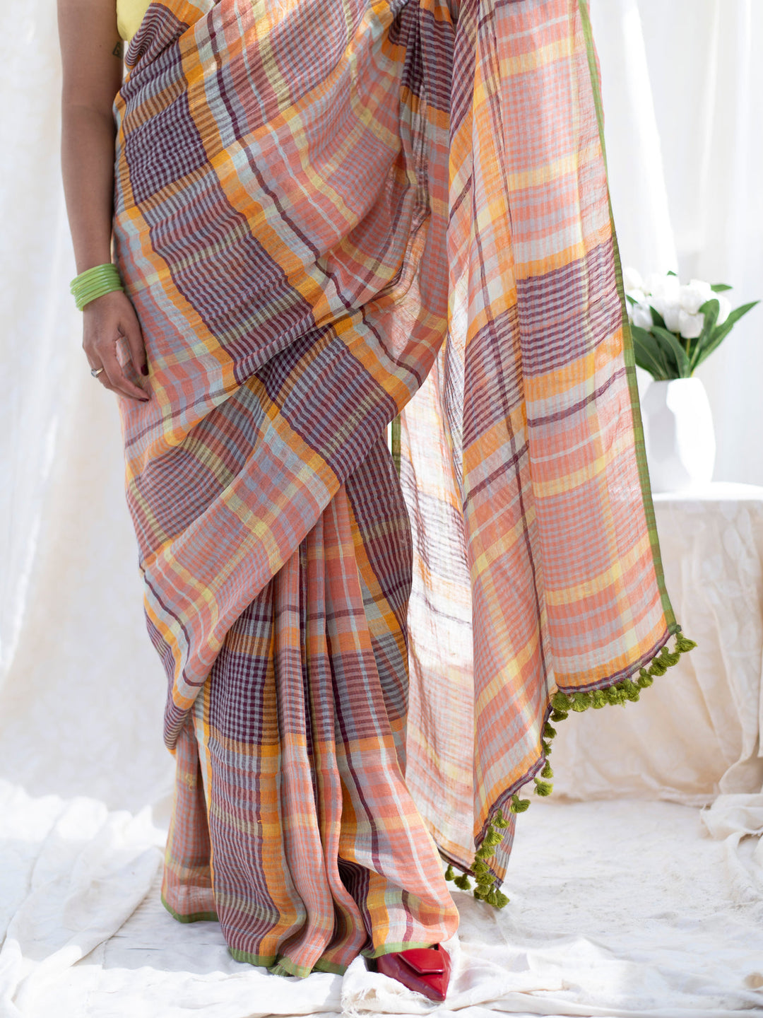 Pastel Madras Checks Mul Cotton Saree with Contrast Border, Tassels & Attached Blouse Piece