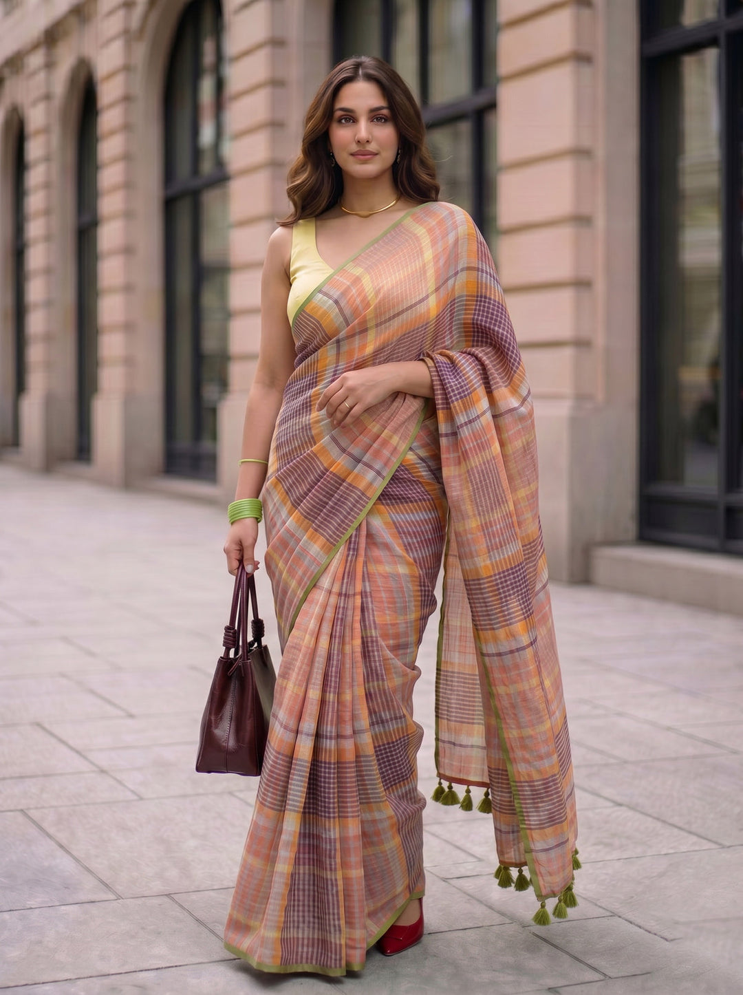 Pastel Madras Checks Mul Cotton Saree with Contrast Border, Tassels & Attached Blouse Piece
