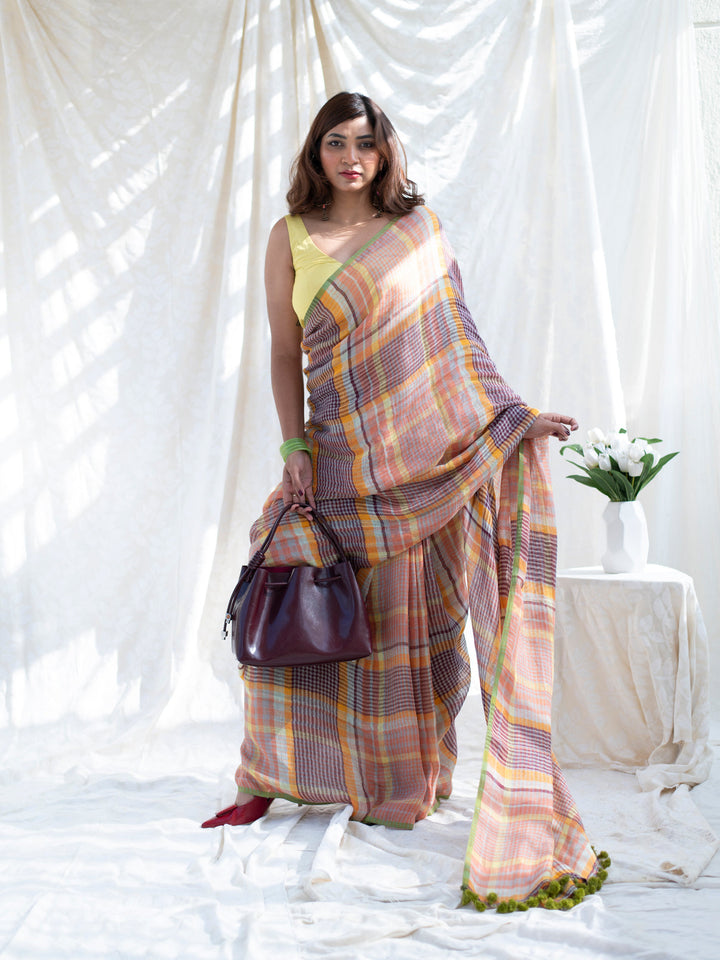 Pastel Madras Checks Mul Cotton Saree with Contrast Border, Tassels & Attached Blouse Piece