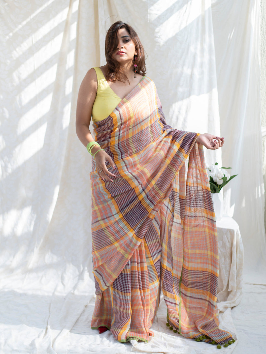 Pastel Madras Checks Mul Cotton Saree with Contrast Border, Tassels & Attached Blouse Piece