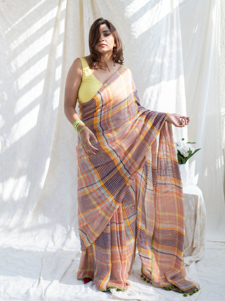 Pastel Madras Checks Mul Cotton Saree with Contrast Border, Tassels & Attached Blouse Piece