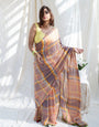 Pastel Madras Checks Mul Cotton Saree with Contrast Border, Tassels & Attached Blouse Piece