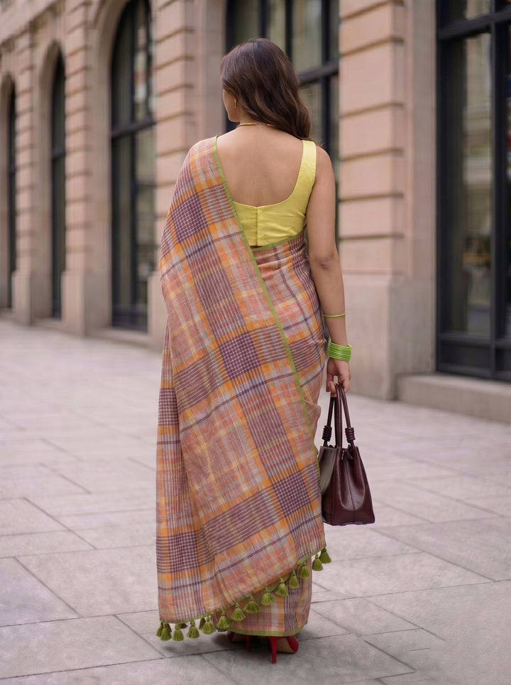 Pastel Madras Checks Mul Cotton Saree with Contrast Border, Tassels & Attached Blouse Piece