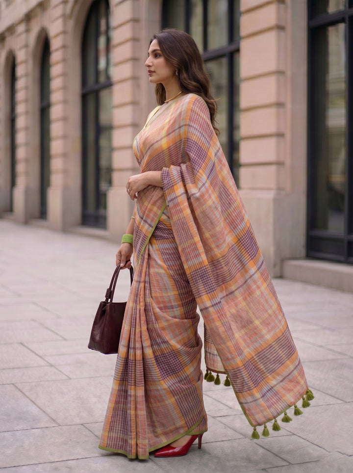 Pastel Madras Checks Mul Cotton Saree with Contrast Border, Tassels & Attached Blouse Piece