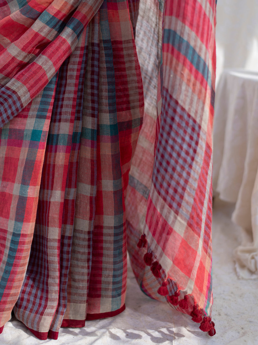 Coral Red Multicolour Madras Checks Mul Cotton Saree with Contrast Checks, Tassels & Blouse Piece