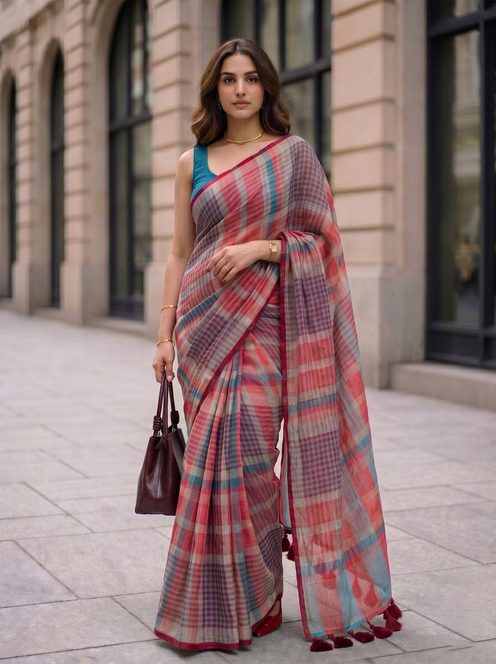Coral Red Multicolour Madras Checks Mul Cotton Saree with Contrast Checks, Tassels & Blouse Piece