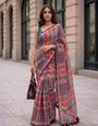Coral Red Multicolour Madras Checks Mul Cotton Saree with Contrast Checks, Tassels & Blouse Piece