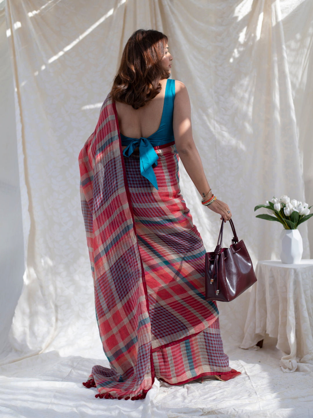 Coral Red Multicolour Madras Checks Mul Cotton Saree with Contrast Checks, Tassels & Blouse Piece