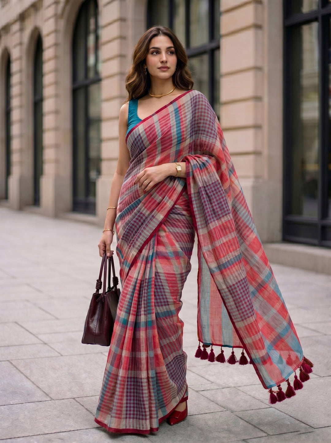 Coral Red Multicolour Madras Checks Mul Cotton Saree with Contrast Checks, Tassels & Blouse Piece