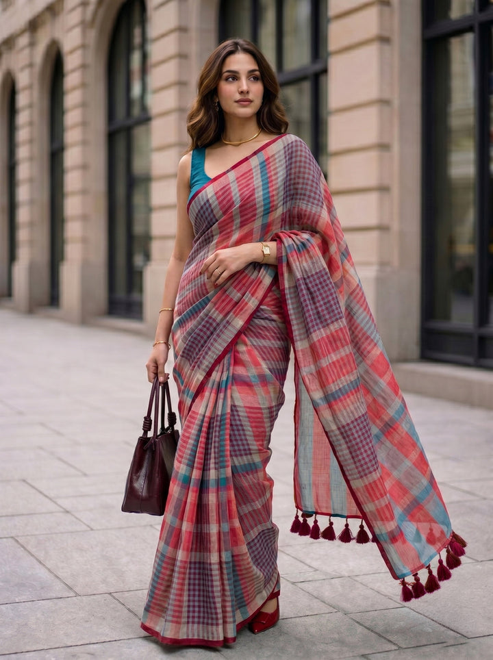 Coral Red Multicolour Madras Checks Mul Cotton Saree with Contrast Checks, Tassels & Blouse Piece
