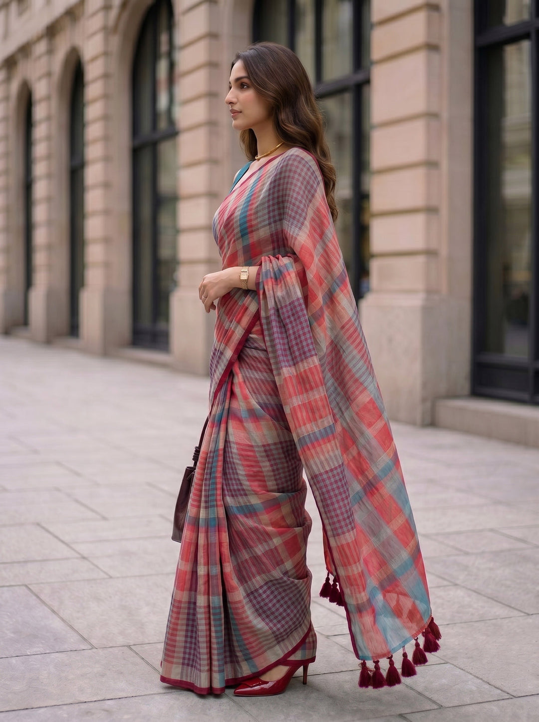 Coral Red Multicolour Madras Checks Mul Cotton Saree with Contrast Checks, Tassels & Blouse Piece