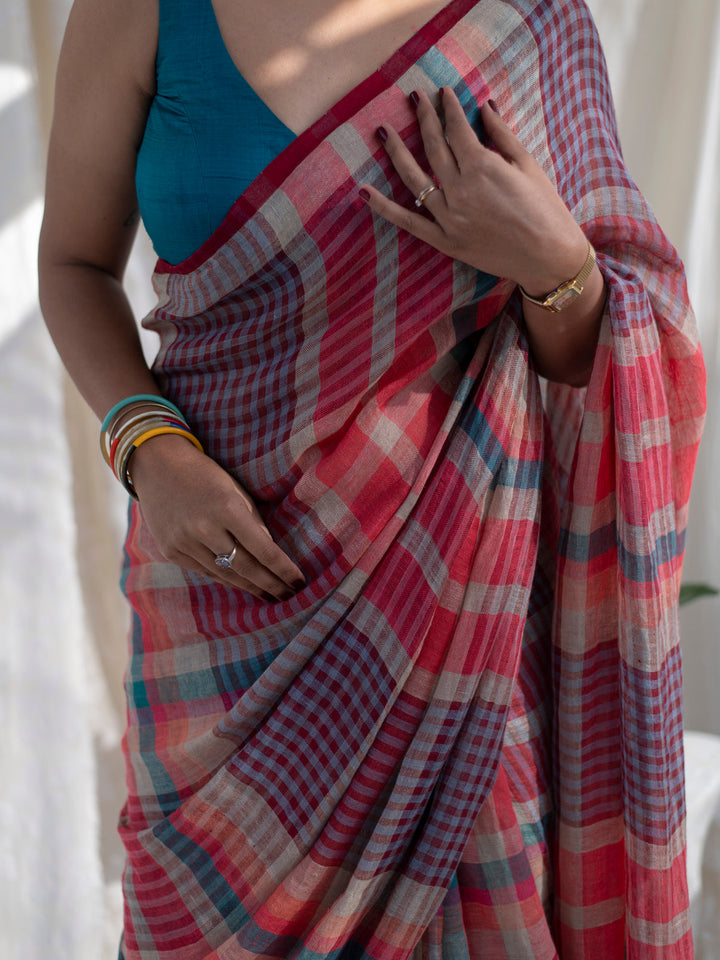 Coral Red Multicolour Madras Checks Mul Cotton Saree with Contrast Checks, Tassels & Blouse Piece
