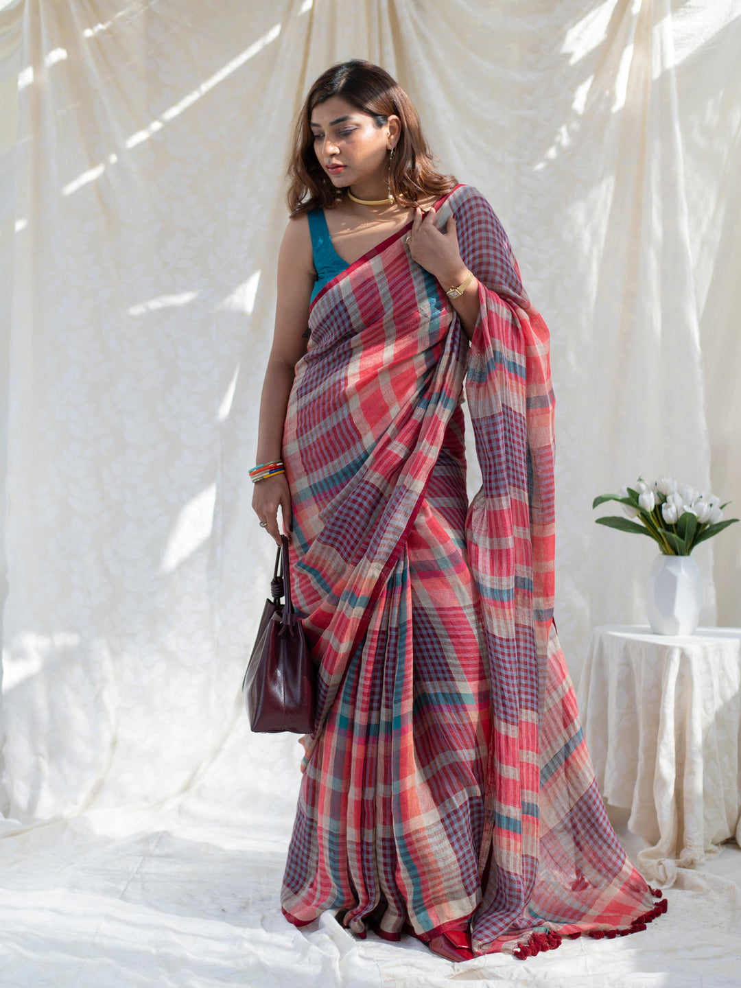 Coral Red Multicolour Madras Checks Mul Cotton Saree with Contrast Checks, Tassels & Blouse Piece