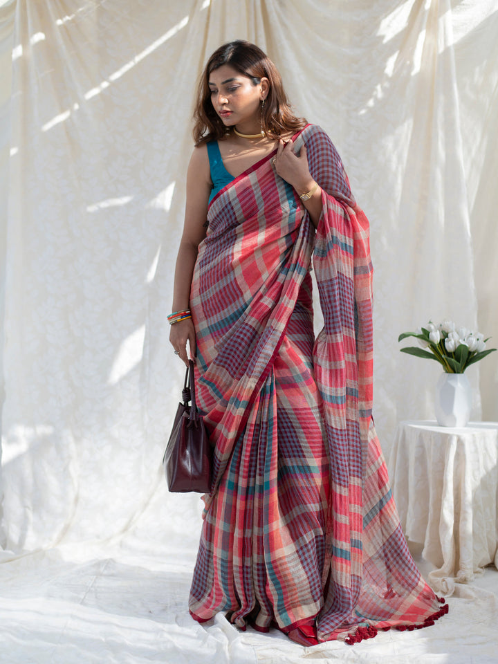 Coral Red Multicolour Madras Checks Mul Cotton Saree with Contrast Checks, Tassels & Blouse Piece