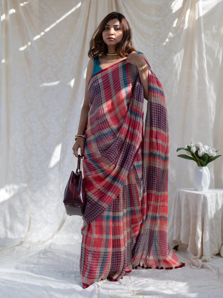 Coral Red Multicolour Madras Checks Mul Cotton Saree with Contrast Checks, Tassels & Blouse Piece