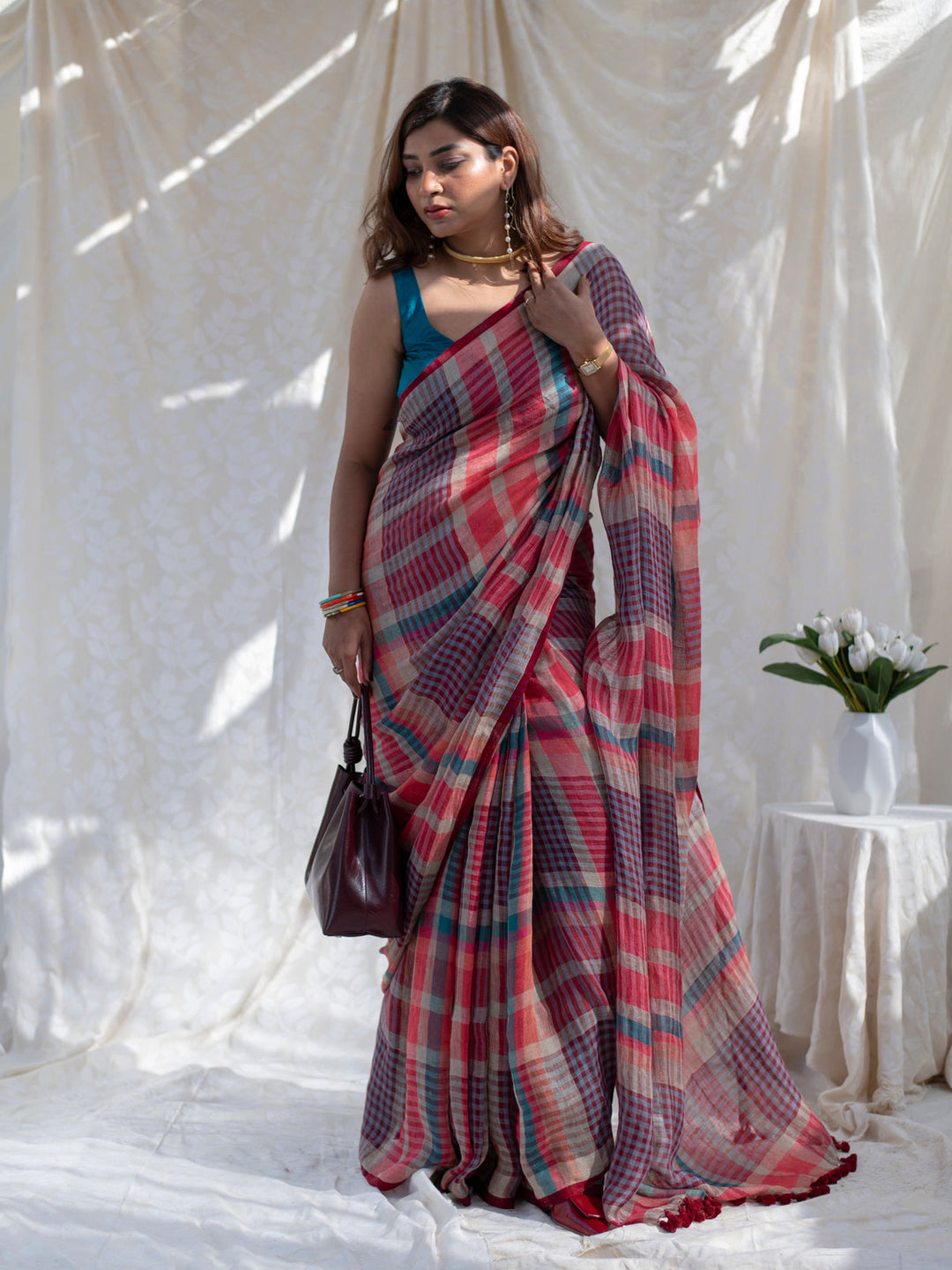 Coral Red Multicolour Madras Checks Mul Cotton Saree with Contrast Checks, Tassels & Blouse Piece