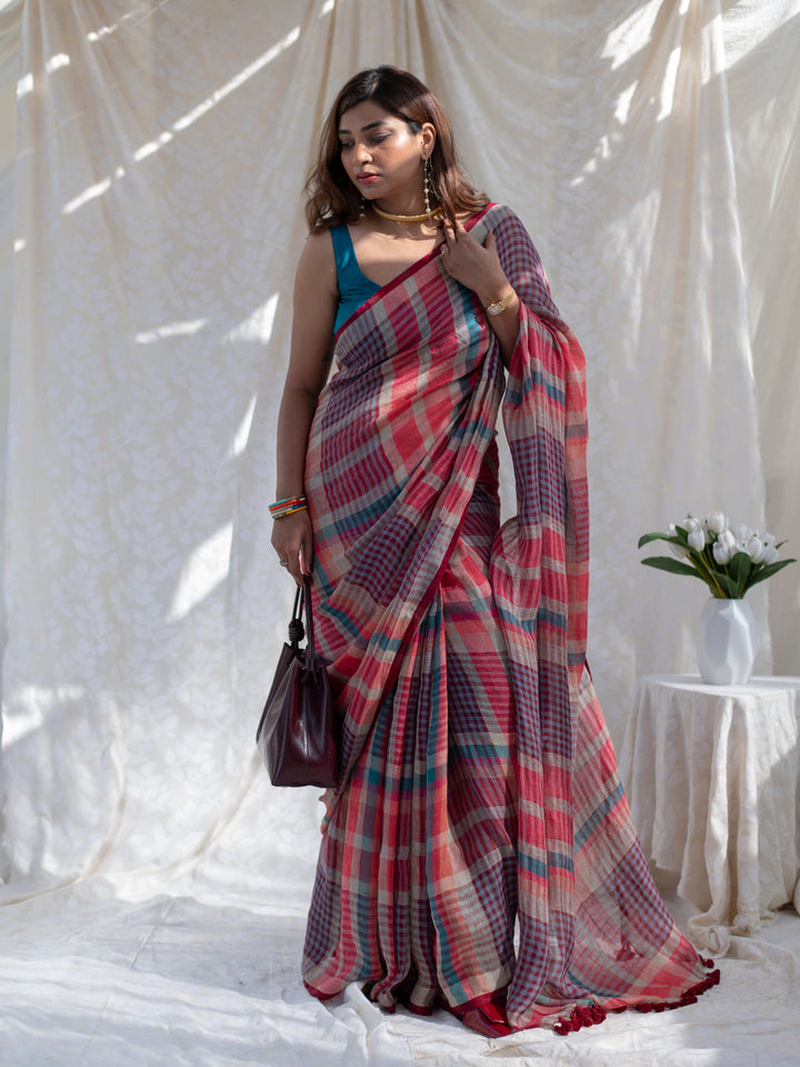 Coral Red Multicolour Madras Checks Mul Cotton Saree with Contrast Checks, Tassels & Blouse Piece