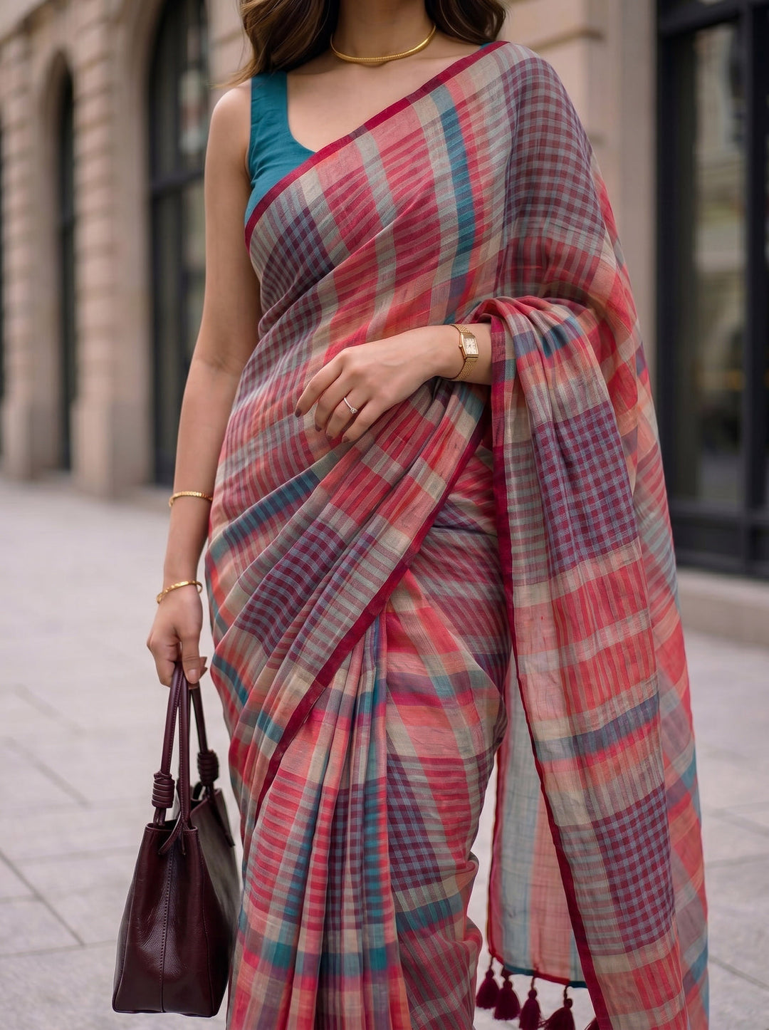 Coral Red Multicolour Madras Checks Mul Cotton Saree with Contrast Checks, Tassels & Blouse Piece