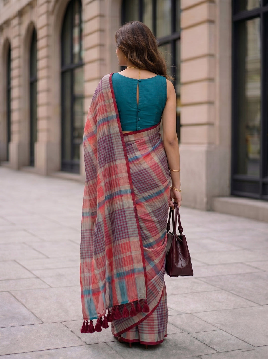 Coral Red Multicolour Madras Checks Mul Cotton Saree with Contrast Checks, Tassels & Blouse Piece