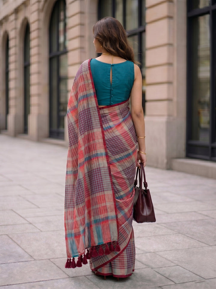 Coral Red Multicolour Madras Checks Mul Cotton Saree with Contrast Checks, Tassels & Blouse Piece
