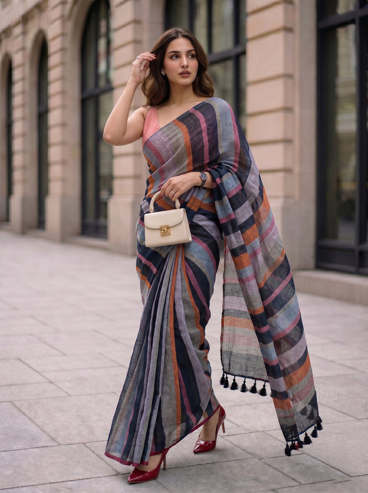 Midnight Black Multicolour Madras Checks Mul Cotton Saree with Contrast Stripes, Tassels & Blouse Piece