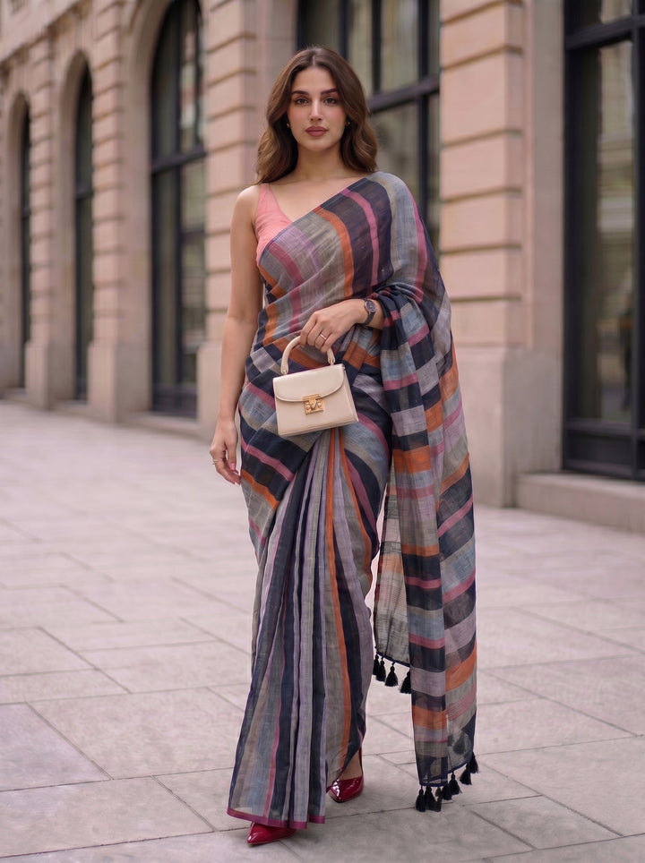 Midnight Black Multicolour Madras Checks Mul Cotton Saree with Contrast Stripes, Tassels & Blouse Piece