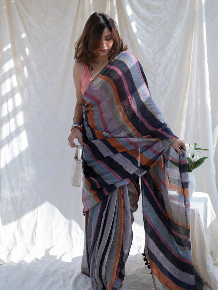 Midnight Black Multicolour Madras Checks Mul Cotton Saree with Contrast Stripes, Tassels & Blouse Piece